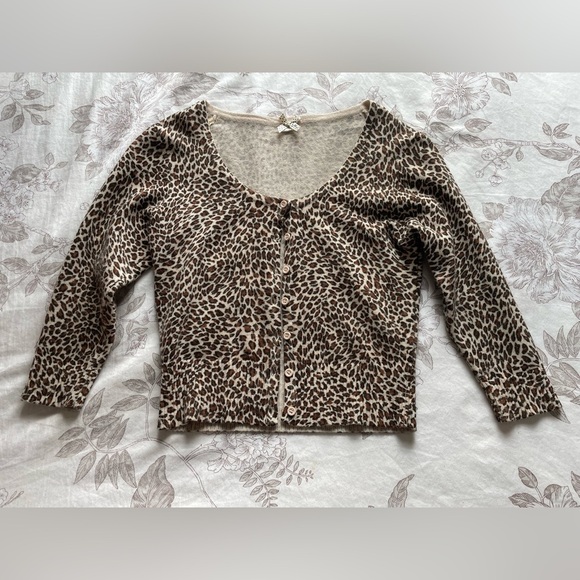 Y2K Forever21 Leopard Ribbed Button Cardigan Small Preppy Elle Woods Old Money - Picture 1 of 9